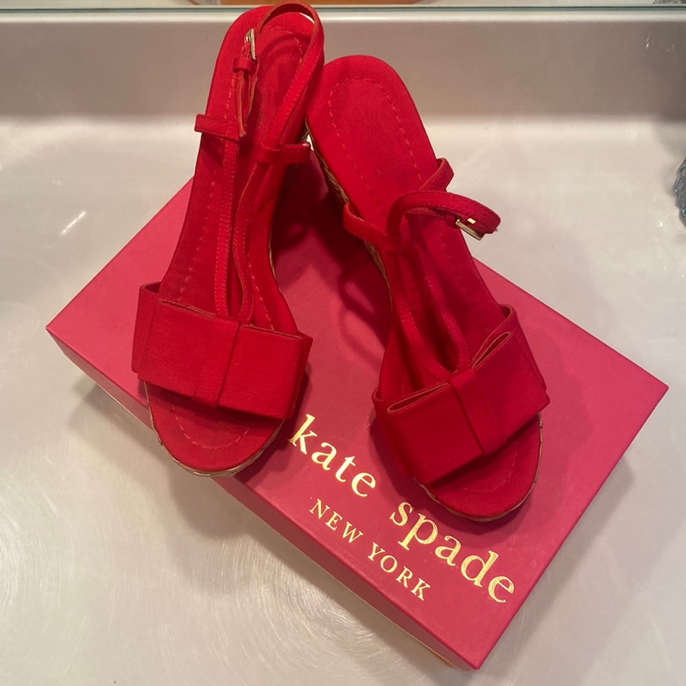 Kate Spade red & straw wedge sandals